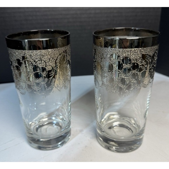 VINTAGE Dorothy Thorpe Silver Fade Grape Vine Highball Glasses Set of 2 MINT - Picture 6 of 6